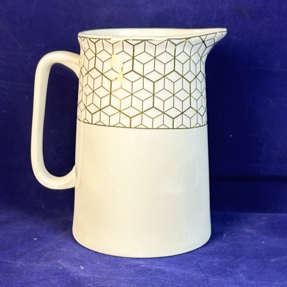 Grace's White with Metallic Gold Geometric Trim Porcelain Teapot Pitcher - Picture 3 of 13